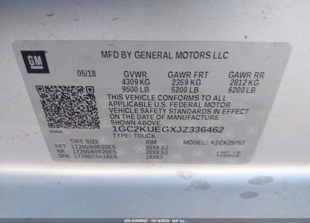2018 CHEVROLET SILVERADO 2500 VIN: 1GC2KUEGXJZ336462