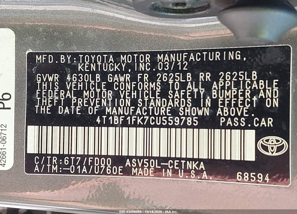 2012 TOYOTA CAMRY LE VIN: 4T1BF1FK7CU559785