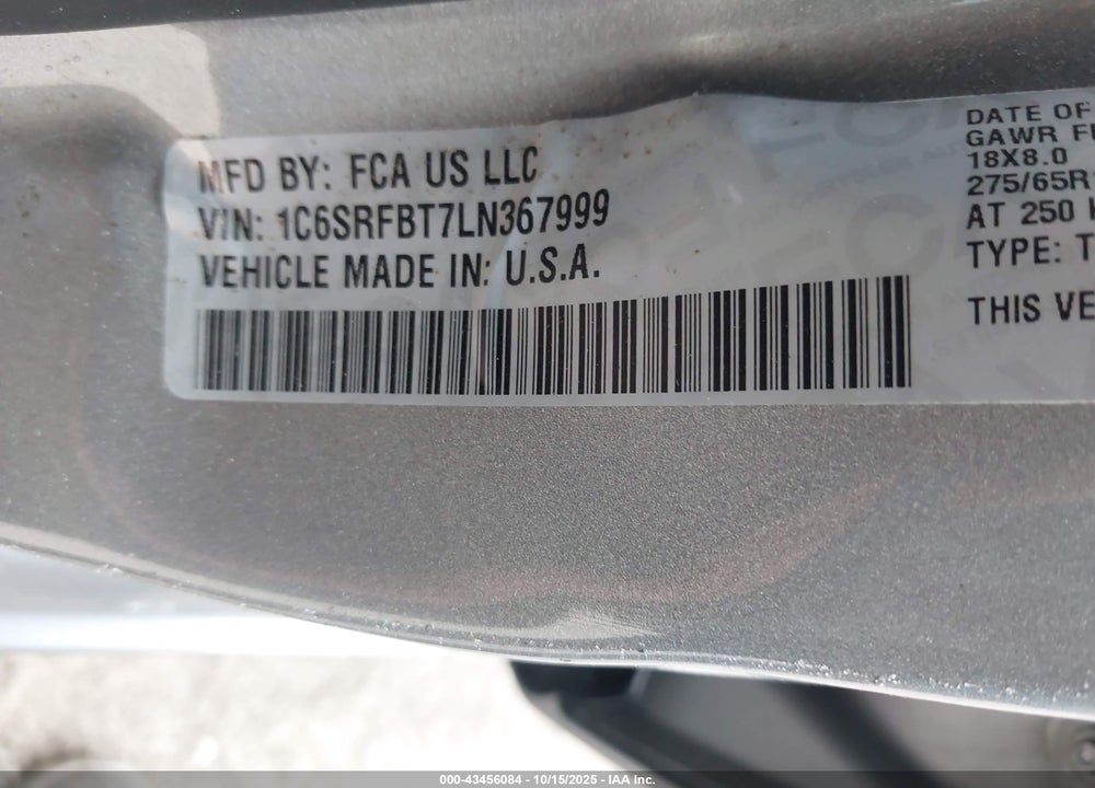 2020 RAM 1500 BIG HORN 4X4 6'4 BOX VIN: 1C6SRFBT7LN367999