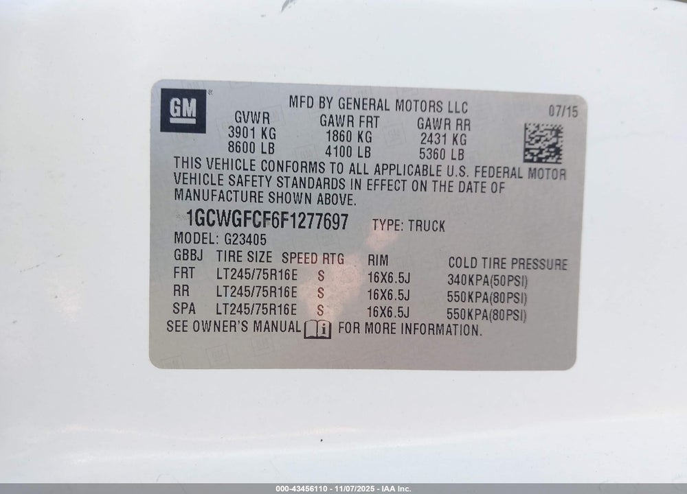 2015 CHEVROLET EXPRESS 2500 WORK VAN VIN: 1GCWGFCF6F1277697