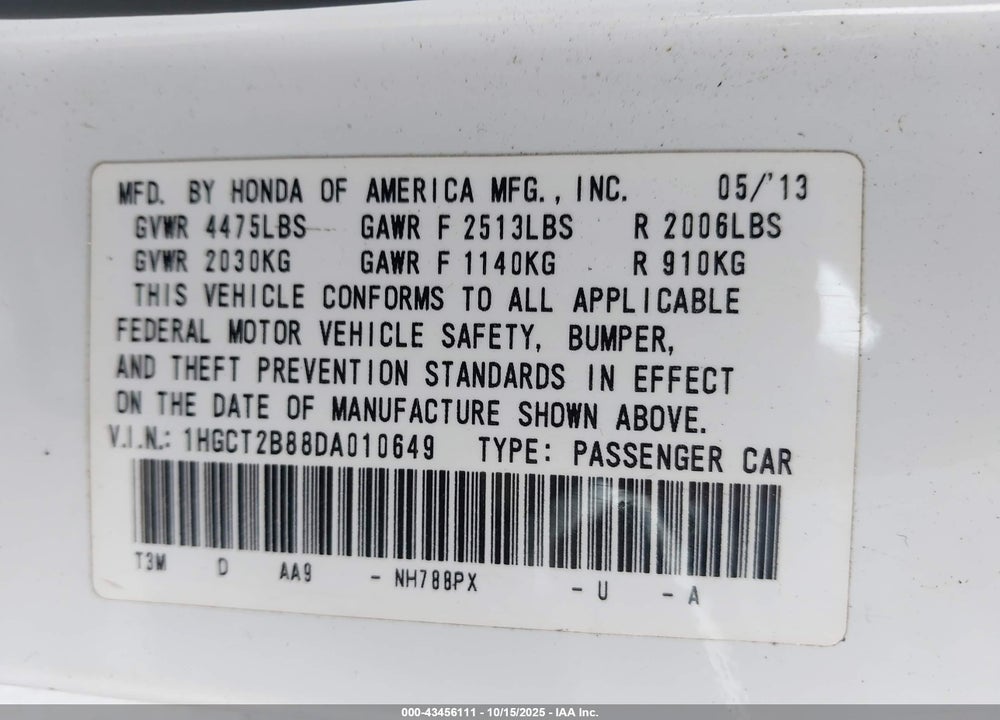 2013 HONDA ACCORD VIN: 1HGCT2B88DA010649