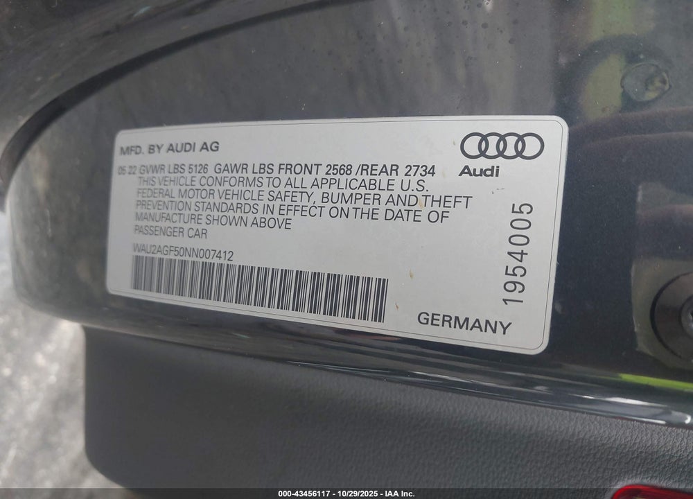2022 AUDI A5 CABRIOLET PREMIUM 45 TFSI QUATTRO S TRONIC VIN: WAU2AGF50NN007412