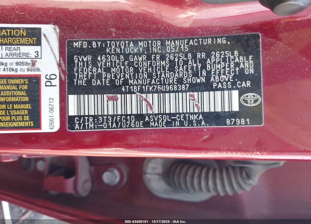 2015 TOYOTA CAMRY LE VIN: 4T1BF1FK7FU968387