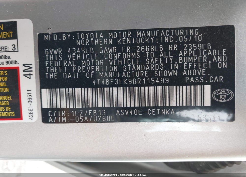 2011 TOYOTA CAMRY VIN: 4T4BF3EK9BR115499