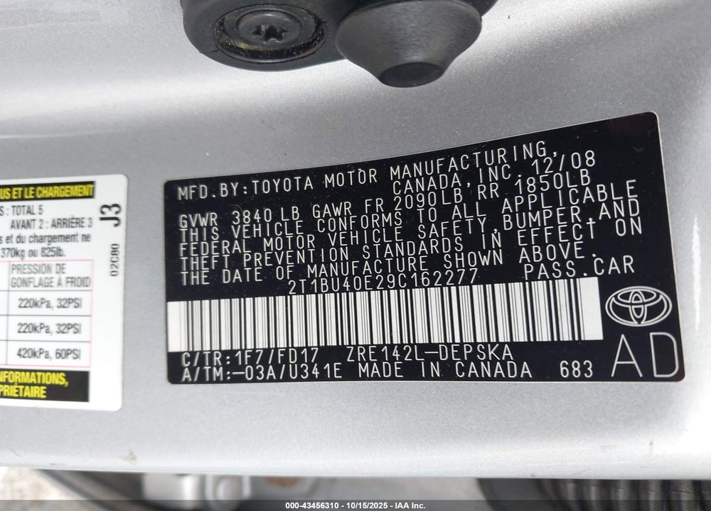 2009 TOYOTA COROLLA VIN: 2T1BU40E29C162277