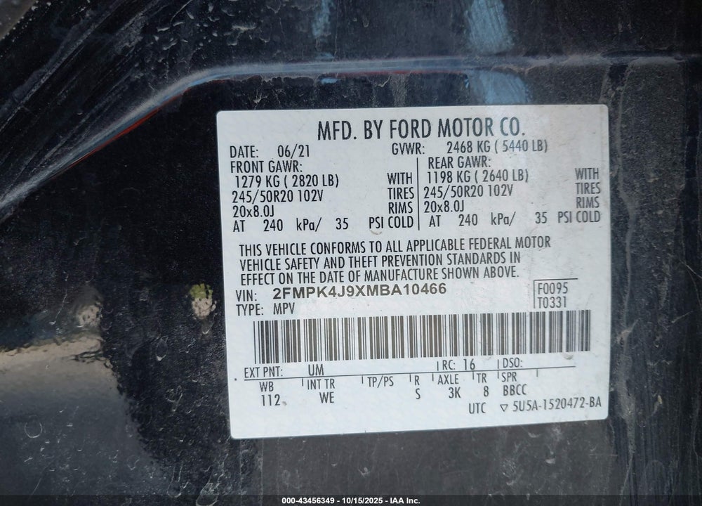 2021 FORD EDGE ST-LINE VIN: 2FMPK4J9XMBA10466
