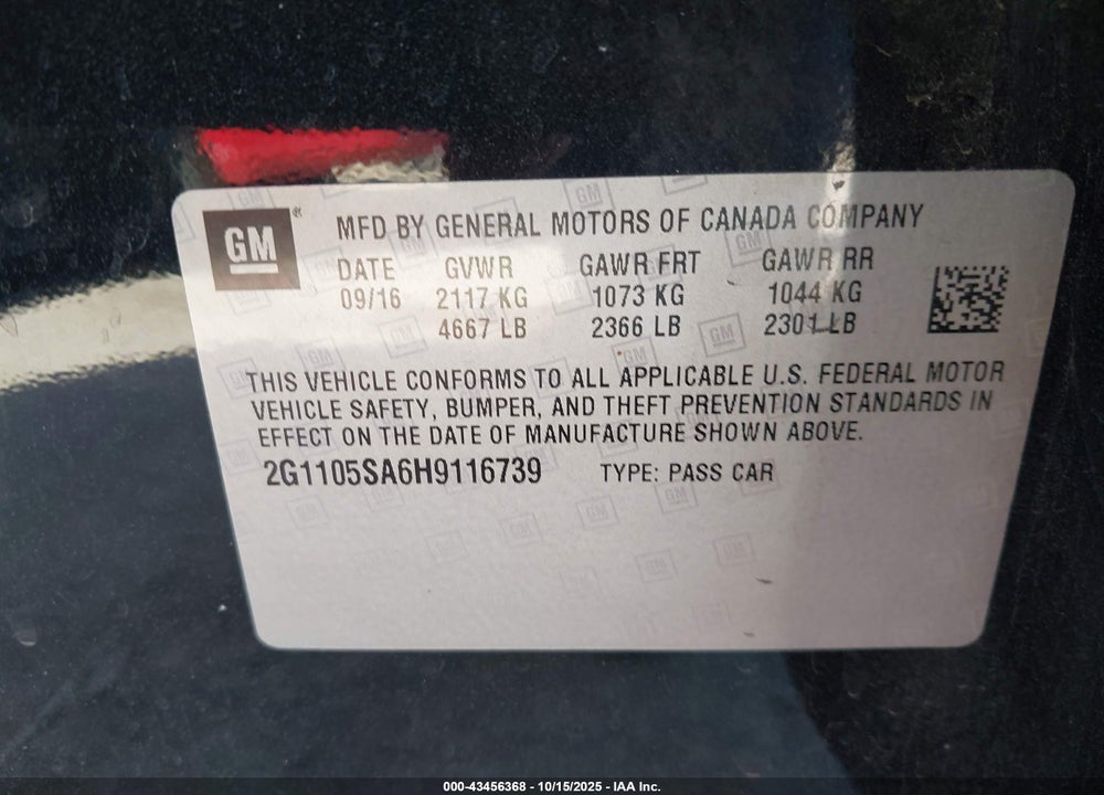 2017 CHEVROLET IMPALA VIN: 2G1105SA6H9116739