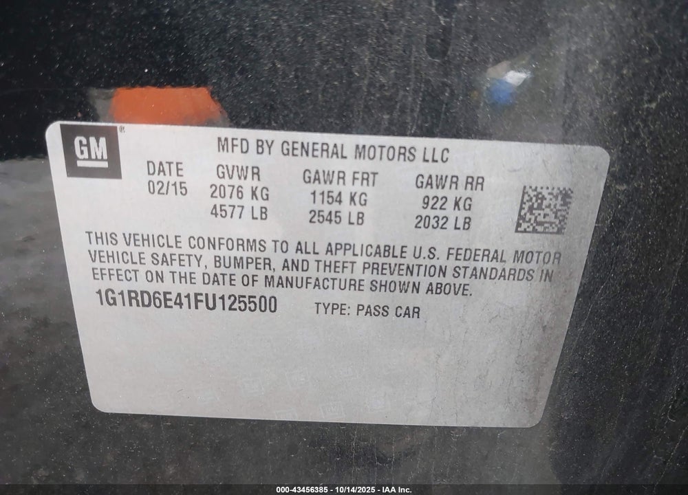 2015 CHEVROLET VOLT VIN: 1G1RD6E41FU125500