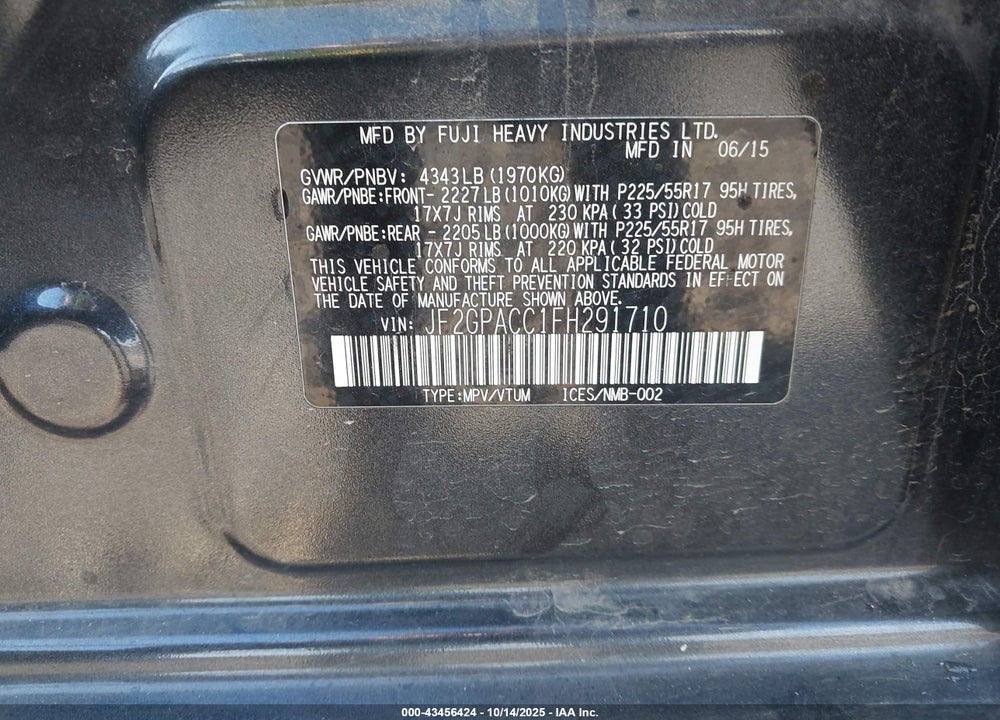 2015 SUBARU XV CROSSTREK VIN: JF2GPACC1FH291710