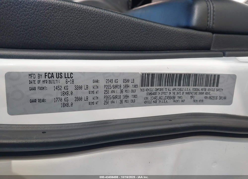 2018 DODGE DURANGO SXT AWD VIN: 1C4RDJAG1JC456490