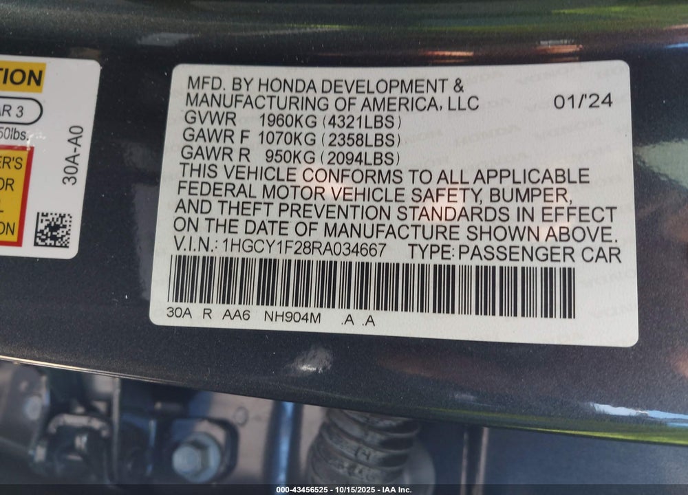 2024 HONDA ACCORD LX VIN: 1HGCY1F28RA034667