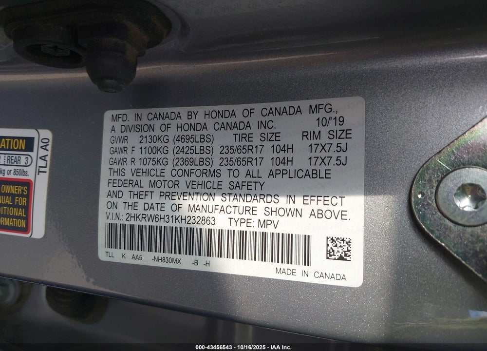 2019 HONDA CR-V VIN: 2HKRW6H31KH232863