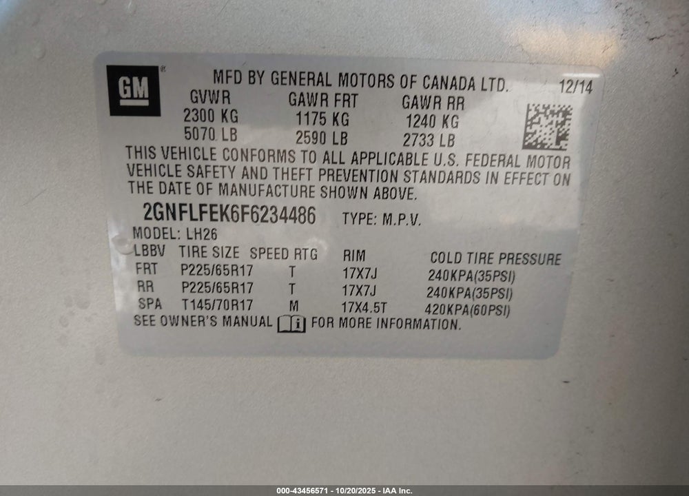 2015 CHEVROLET EQUINOX VIN: 2GNFLFEK6F6234486