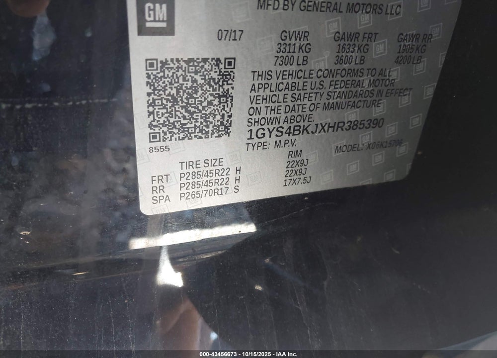 2017 CADILLAC ESCALADE VIN: 1GYS4BKJXHR385390