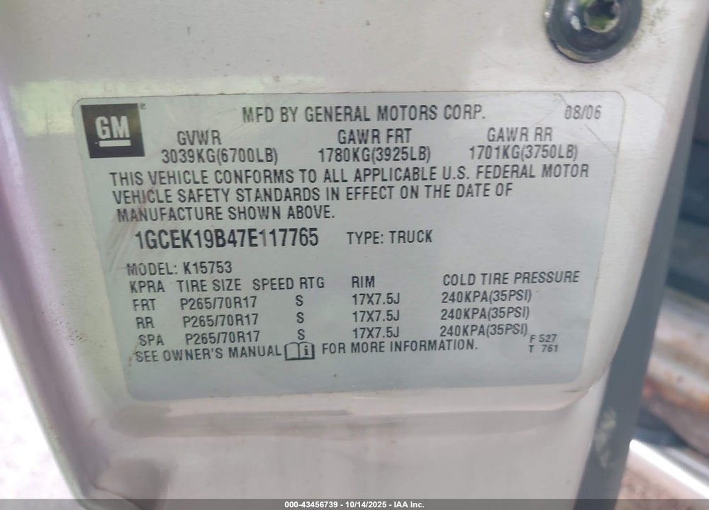 2007 CHEVROLET SILVERADO VIN: 1GCEK19B47E117765