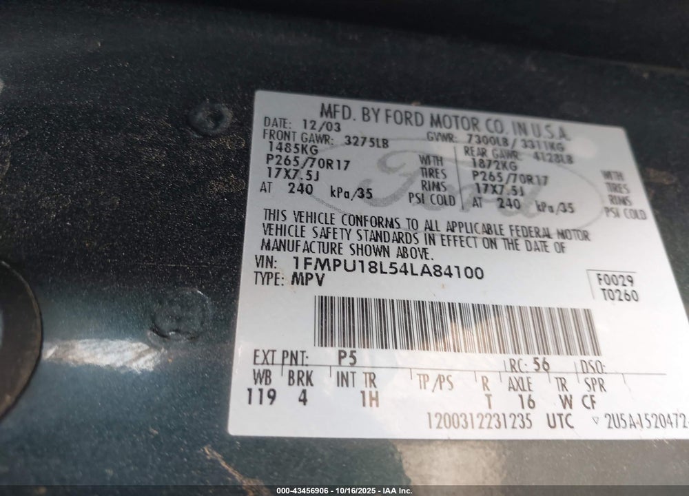 2004 FORD EXPEDITION EDDIE BAUER VIN: 1FMPU18L54LA84100