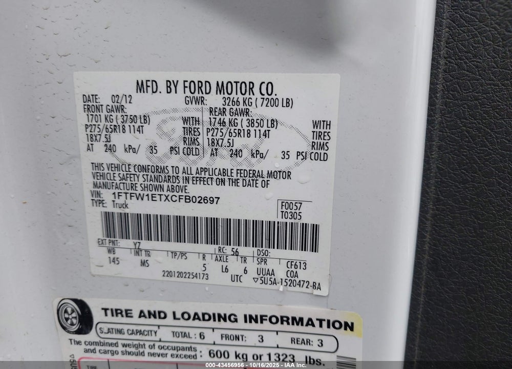 2012 FORD F-150 XLT VIN: 1FTFW1ETXCFB02697