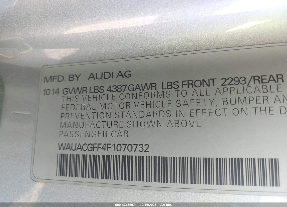2015 AUDI A3 VIN: WAUACGFF4F1070732