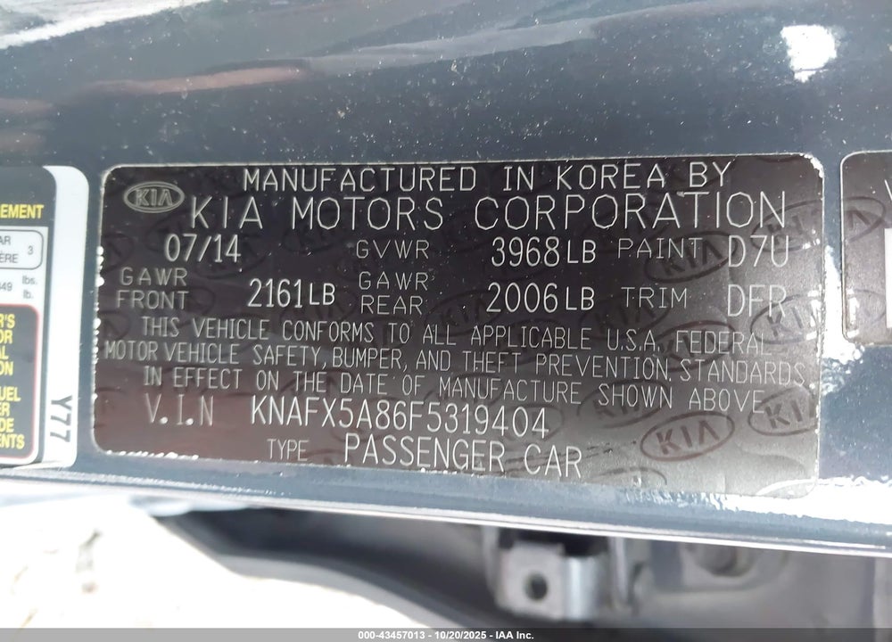 2015 KIA FORTE VIN: KNAFX5A86F5319404