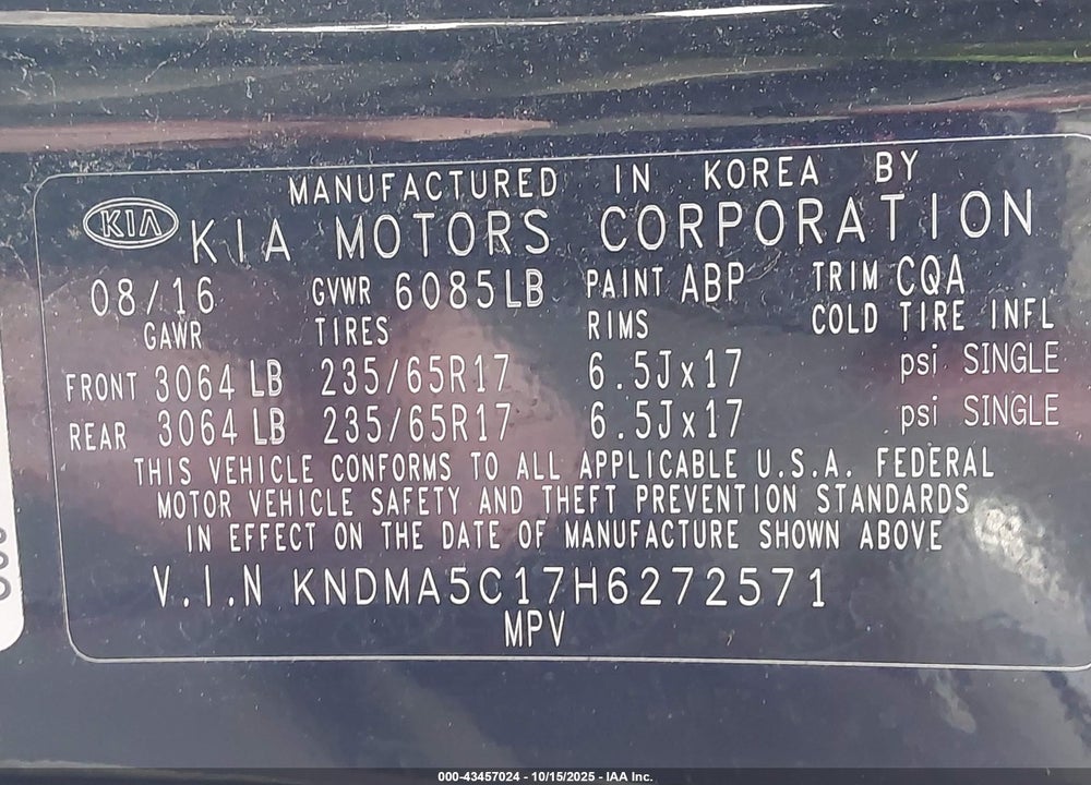 2017 KIA SEDONA L VIN: KNDMA5C17H6272571