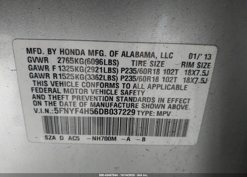 2013 HONDA PILOT VIN: 5FNYF4H56DB037229