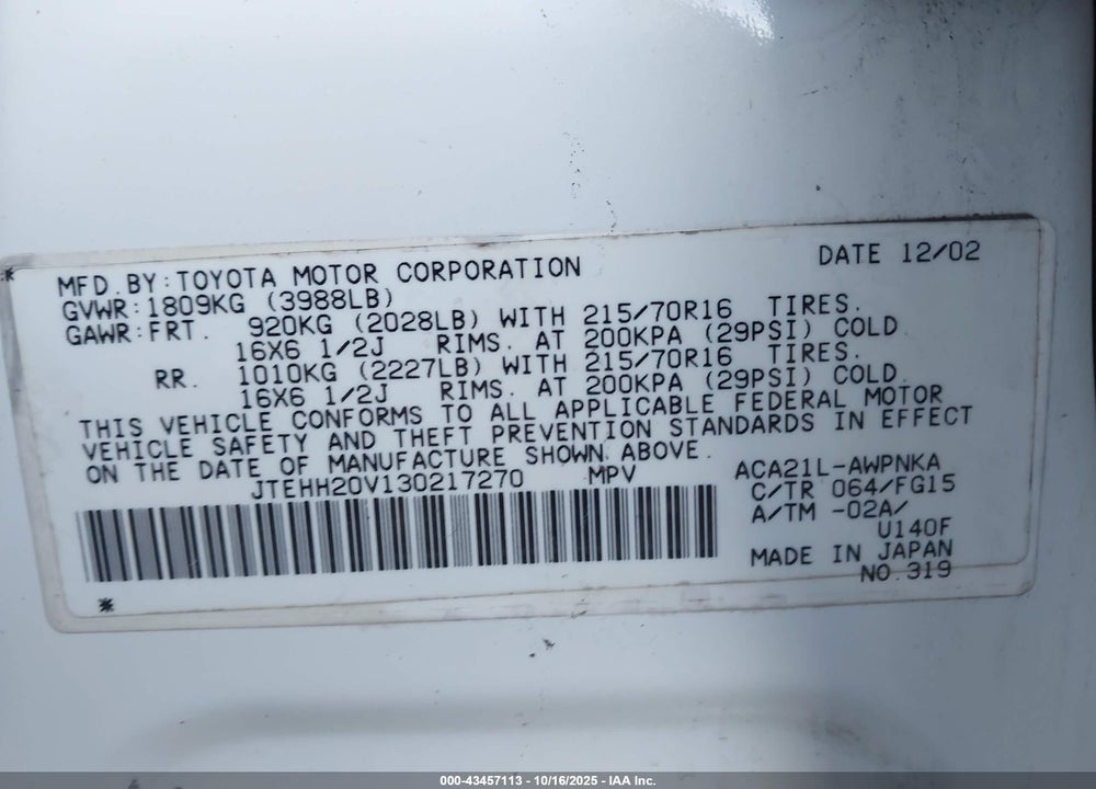2003 TOYOTA RAV4 VIN: JTEHH20V130217270
