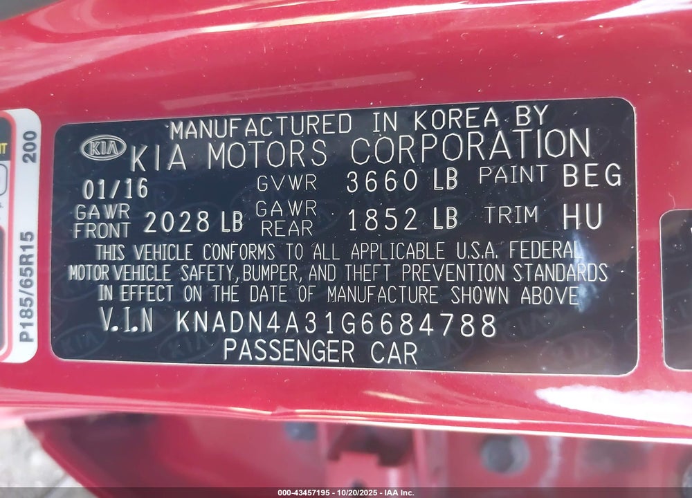 2016 KIA RIO EX VIN: KNADN4A31G6684788