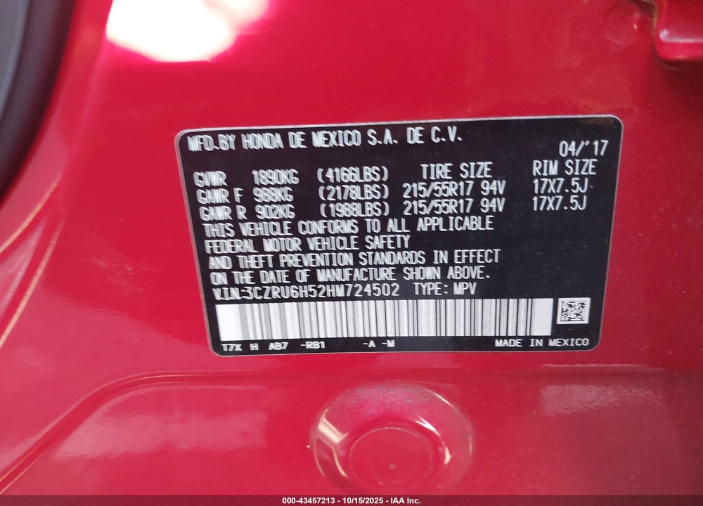 2017 HONDA HR-V VIN: 3CZRU6H52HM724502