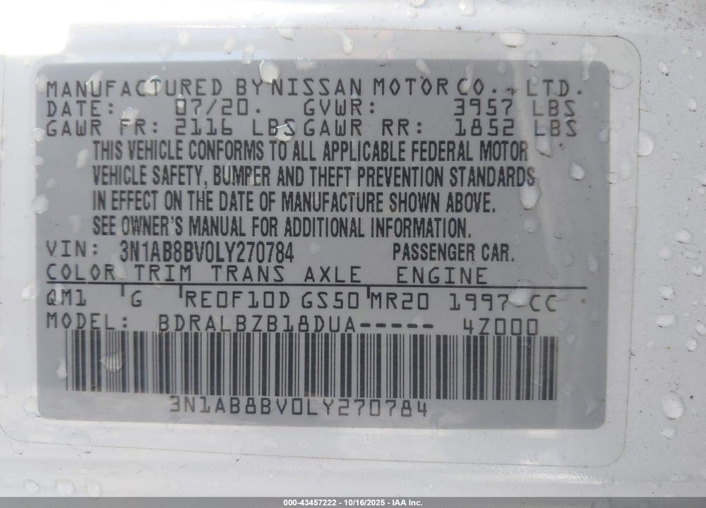 2020 NISSAN SENTRA VIN: 3N1AB8BV0LY270784