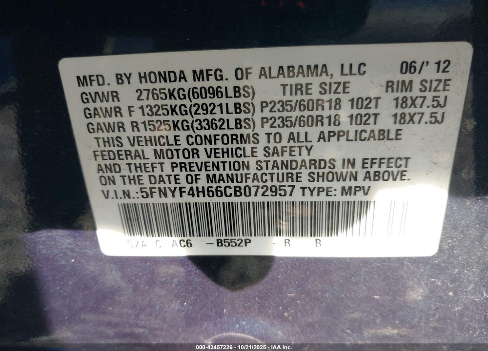 2012 HONDA PILOT VIN: 5FNYF4H66CB072957