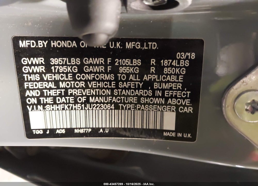2018 HONDA CIVIC EX VIN: SHHFK7H51JU223064