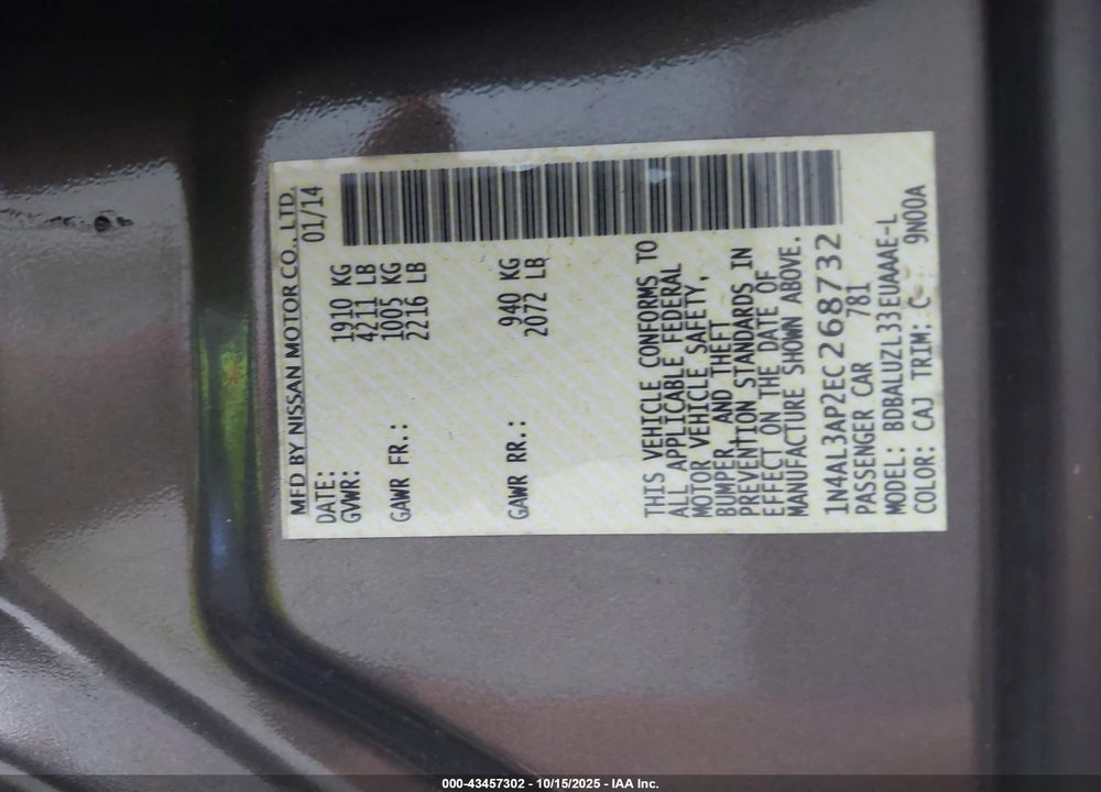 2014 NISSAN ALTIMA VIN: 1N4AL3AP2EC268732