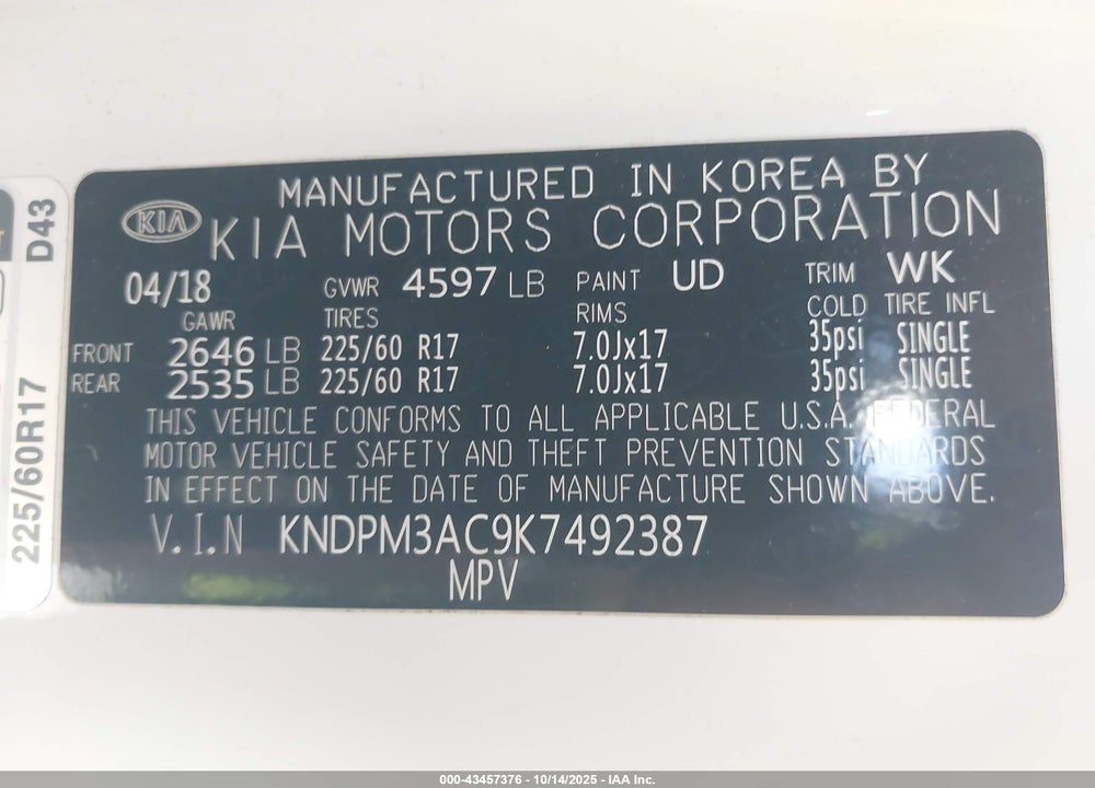 2019 KIA SPORTAGE VIN: KNDPM3AC9K7492387