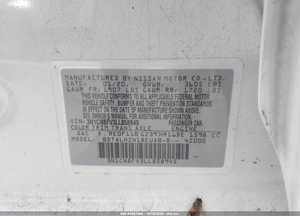 2020 NISSAN VERSA SR XTRONIC CVT VIN: 3N1CN8FV3LL858945