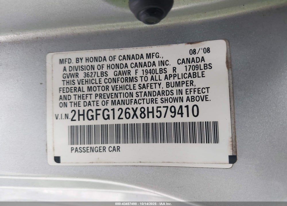 2008 HONDA CIVIC LX VIN: 2HGFG126X8H579410