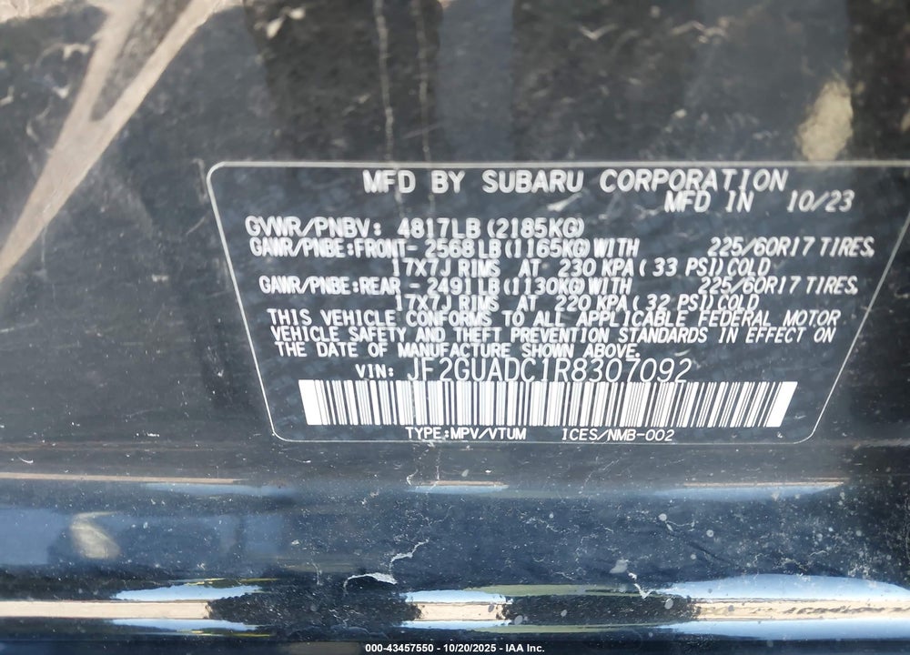 2024 SUBARU CROSSTREK PREMIUM VIN: JF2GUADC1R8307092