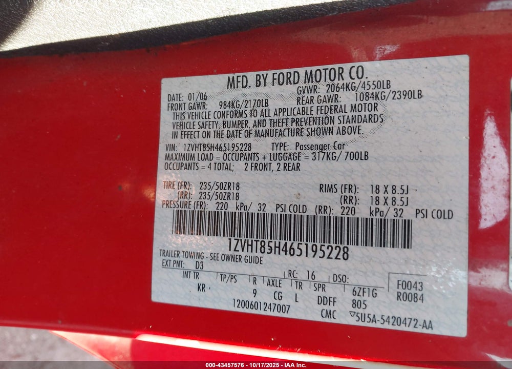 2006 FORD MUSTANG GT VIN: 1ZVHT85H465195228