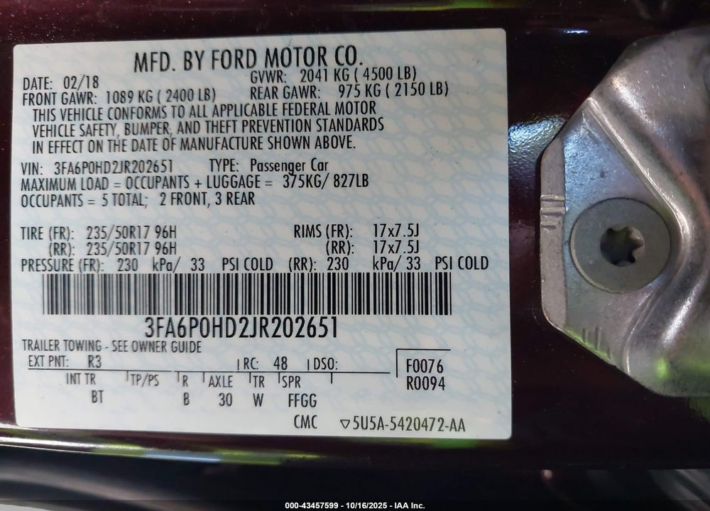 2018 FORD FUSION SE VIN: 3FA6P0HD2JR202651