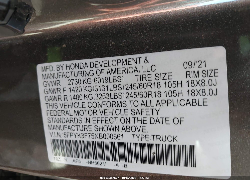 2022 HONDA RIDGELINE VIN: 5FPYK3F75NB000661