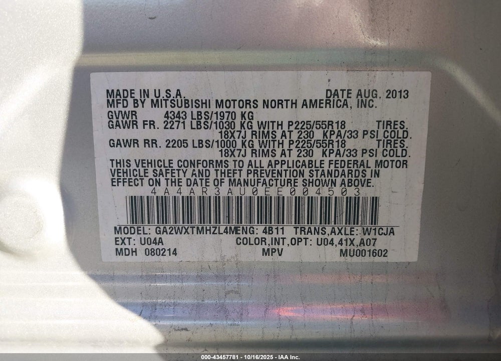2014 MITSUBISHI OUTLANDER SPORT ES VIN: 4A4AR3AU0EE004503
