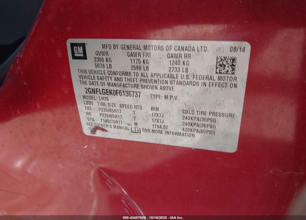 2015 CHEVROLET EQUINOX VIN: 2GNFLGEK0F6136737