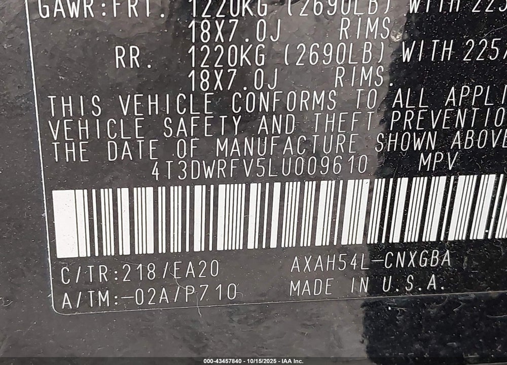 2020 TOYOTA RAV4 HYBRID VIN: 4T3DWRFV5LU009610