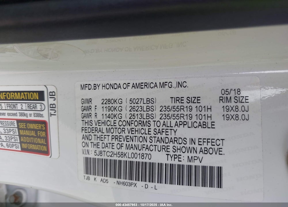 2019 ACURA RDX TECHNOLOGY PACKAGE VIN: 5J8TC2H58KL001870