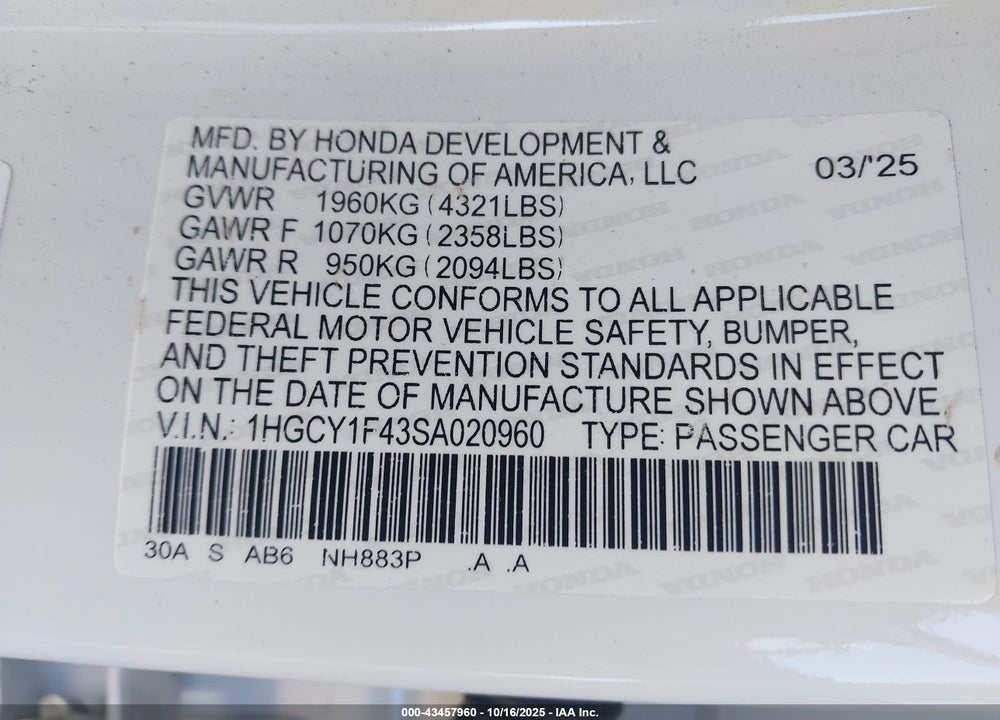 2025 HONDA ACCORD SE VIN: 1HGCY1F43SA020960