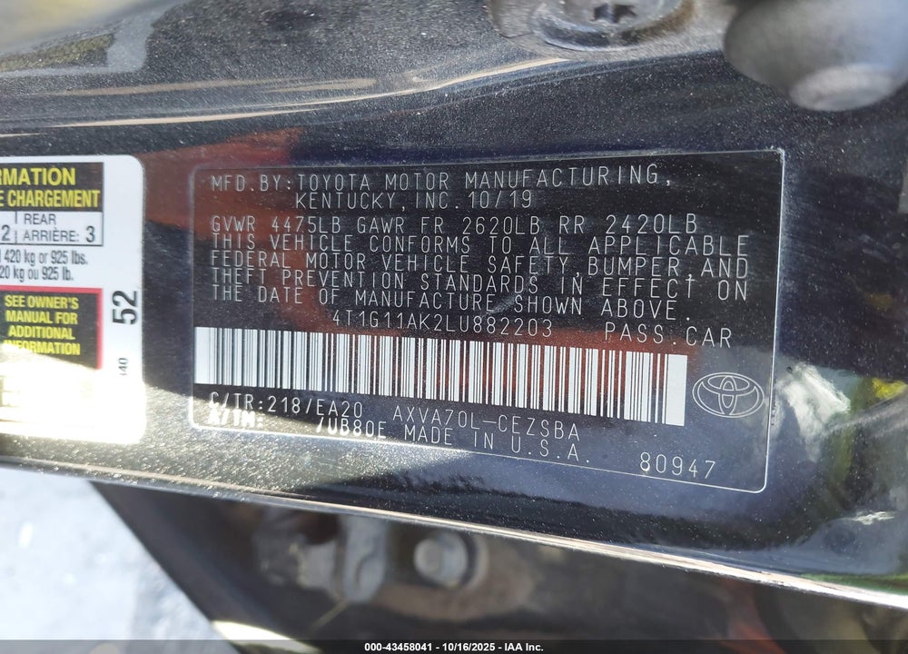 2020 TOYOTA CAMRY SE VIN: 4T1G11AK2LU882203