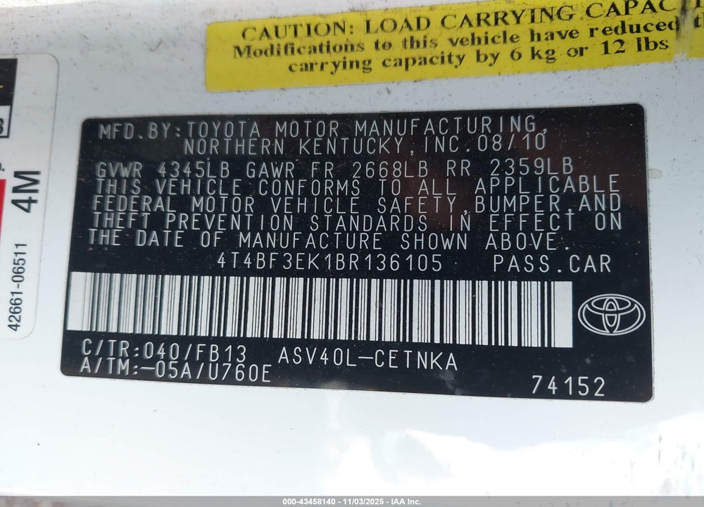 2011 TOYOTA CAMRY LE VIN: 4T4BF3EK1BR136105