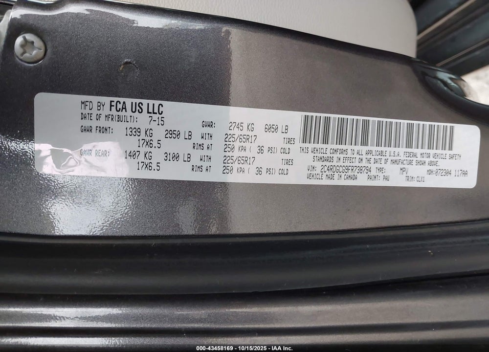 2015 DODGE GRAND CARAVAN SXT VIN: 2C4RDGCG9FR738794