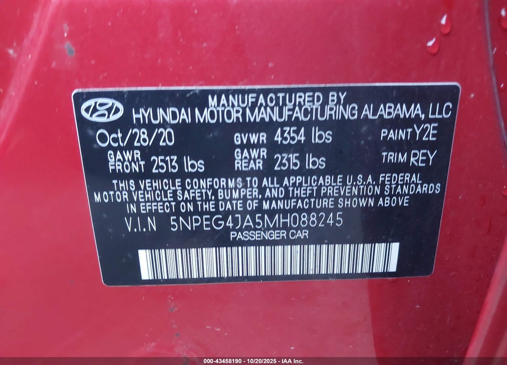2021 HYUNDAI SONATA SE VIN: 5NPEG4JA5MH088245
