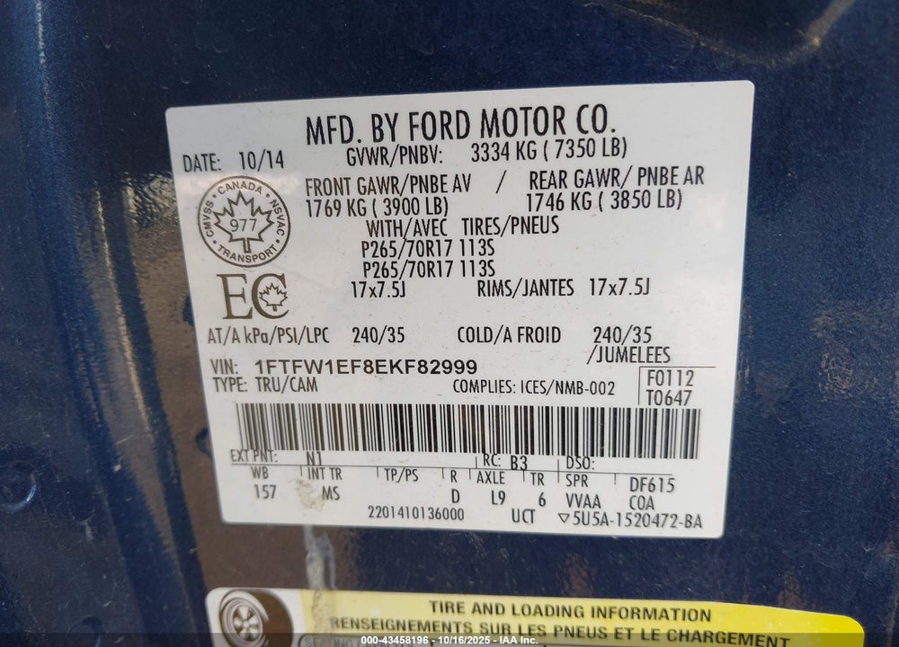 2014 FORD F-150 XLT VIN: 1FTFW1EF8EKF82999