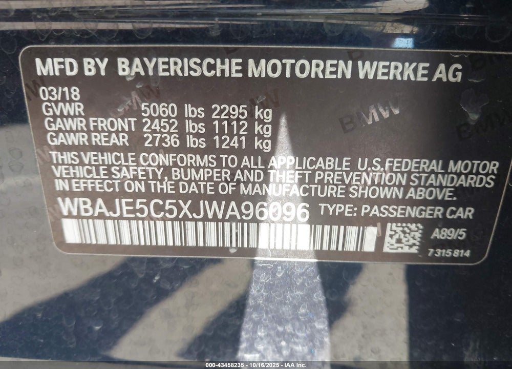 2018 BMW 540I VIN: WBAJE5C5XJWA96096